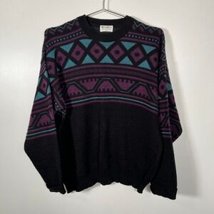 Vintage 90s Black Geometric Aztec Grandpa Sweater Moores Canada Large Mens